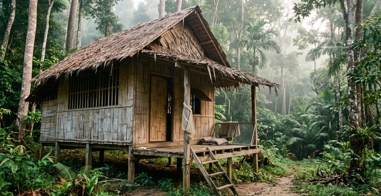 A traditional bamboo bungalow on stilts with open woven bamboo walls and a thatched roof, standing in a misty Thai rainforest clearing at sunrise.