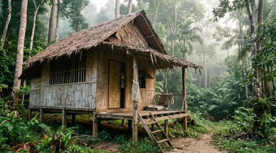 A traditional bamboo bungalow on stilts with open woven bamboo walls and a thatched roof, standing in a misty Thai rainforest clearing at sunrise.