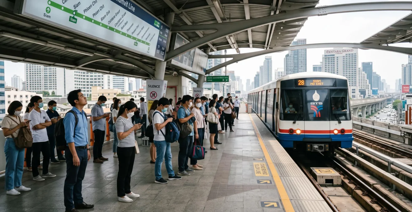 Commuters waiting behind the safety line on an elevated BTS Skytrain platform in Bangkok as a train arrives.