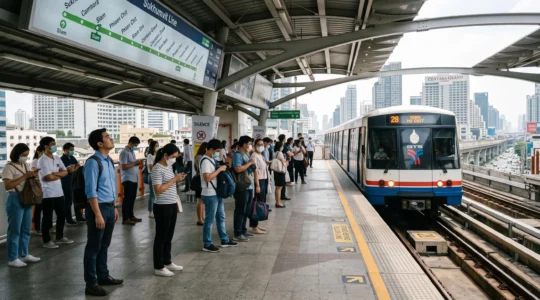 Commuters waiting behind the safety line on an elevated BTS Skytrain platform in Bangkok as a train arrives.