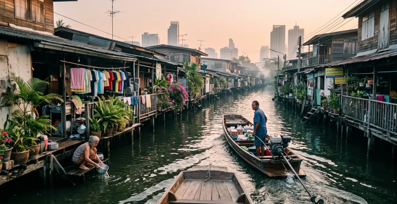A long-tail boat moves along a Bangkok canal lined with wooden stilt houses while a resident rinses items at the water's edge, with distant high-rises on the horizon.
