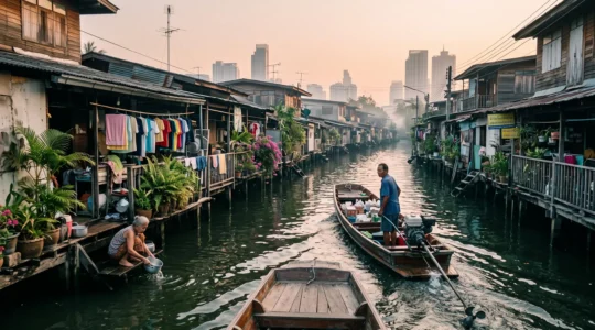 A long-tail boat moves along a Bangkok canal lined with wooden stilt houses while a resident rinses items at the water's edge, with distant high-rises on the horizon.