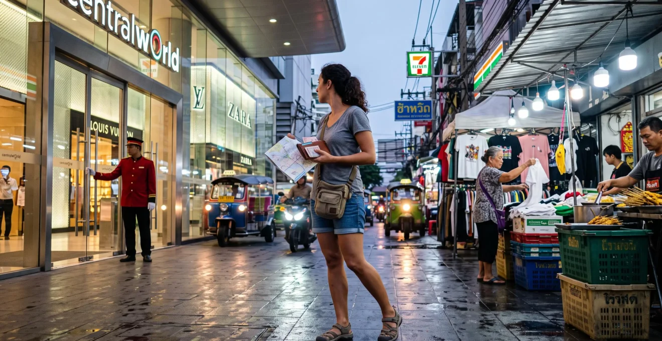 A traveler stands between a modern shopping mall and an open-air street market on a busy Bangkok sidewalk, comparing both shopping options.
