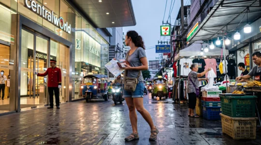 A traveler stands between a modern shopping mall and an open-air street market on a busy Bangkok sidewalk, comparing both shopping options.