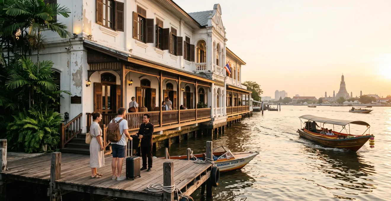 A colonial-era riverside hotel in a converted historic building beside the Chao Phraya river, with guests arriving on a wooden pier at golden hour.