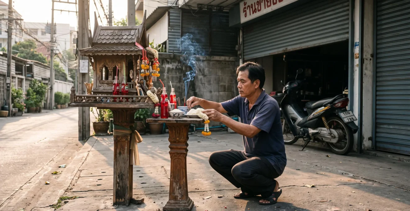 A Thai shopkeeper places fresh food and a garland at a small spirit house on a Bangkok sidewalk in the early morning.