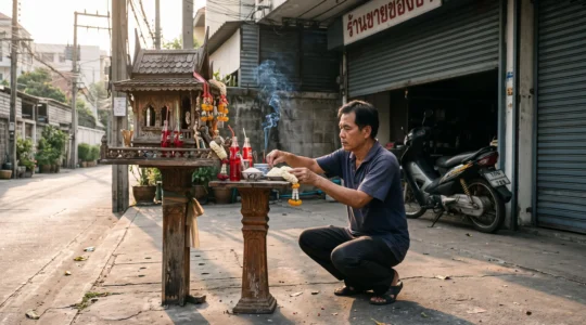 A Thai shopkeeper places fresh food and a garland at a small spirit house on a Bangkok sidewalk in the early morning.