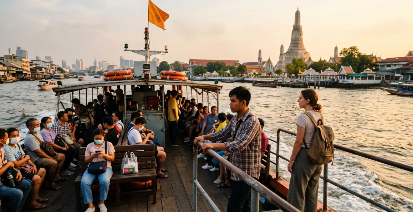Passengers riding an orange-flag express boat along the Chao Phraya River in Bangkok with temple rooftops visible on the far bank in late-afternoon light.