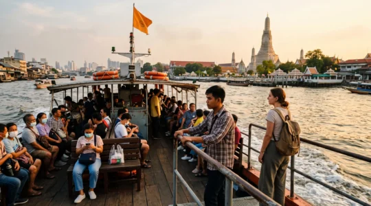 Passengers riding an orange-flag express boat along the Chao Phraya River in Bangkok with temple rooftops visible on the far bank in late-afternoon light.