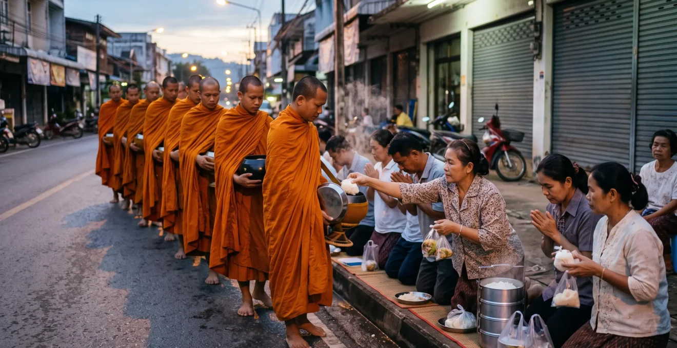 Thai residents kneeling low to place rice into the alms bowls of monks walking in line at dawn on a town street.