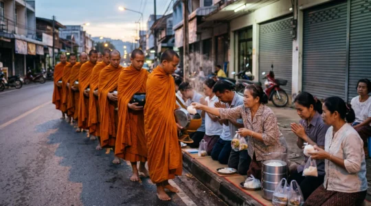 Thai residents kneeling low to place rice into the alms bowls of monks walking in line at dawn on a town street.