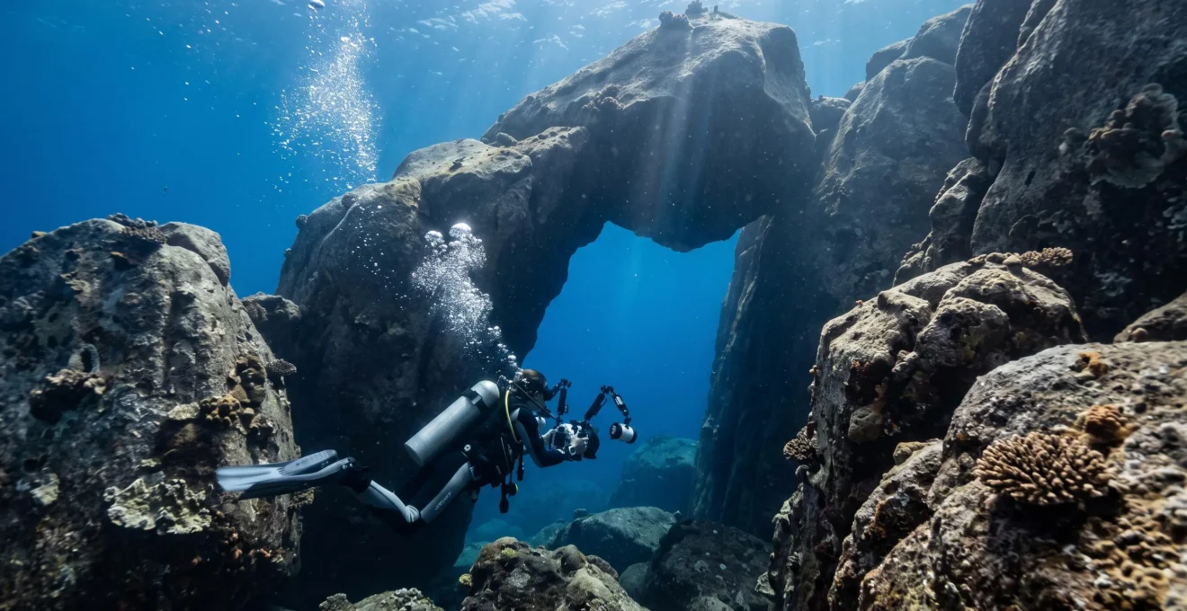 A scuba diver with an underwater camera rig swims toward a massive granite boulder archway in the clear blue water of the Similan Islands.