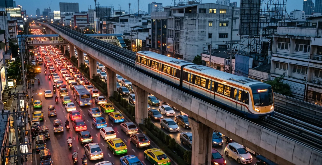 An elevated train passing above a heavily congested city avenue lined with stopped cars at dusk.