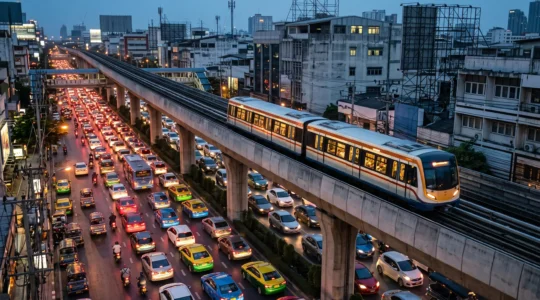 An elevated train passing above a heavily congested city avenue lined with stopped cars at dusk.