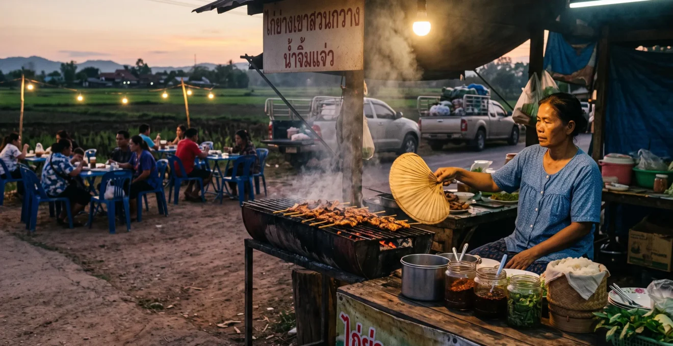 A vendor grills chicken over charcoal at a roadside stall in rural northeastern Thailand while local families eat at nearby tables in the evening.