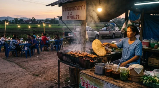 A vendor grills chicken over charcoal at a roadside stall in rural northeastern Thailand while local families eat at nearby tables in the evening.
