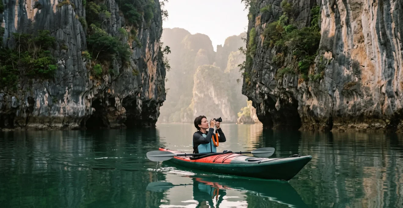 A photographer in a sea kayak paddles at water level between the sheer limestone karst towers of Phang Nga Bay, composing a shot of the cliffs reflected in the calm early-morning water.