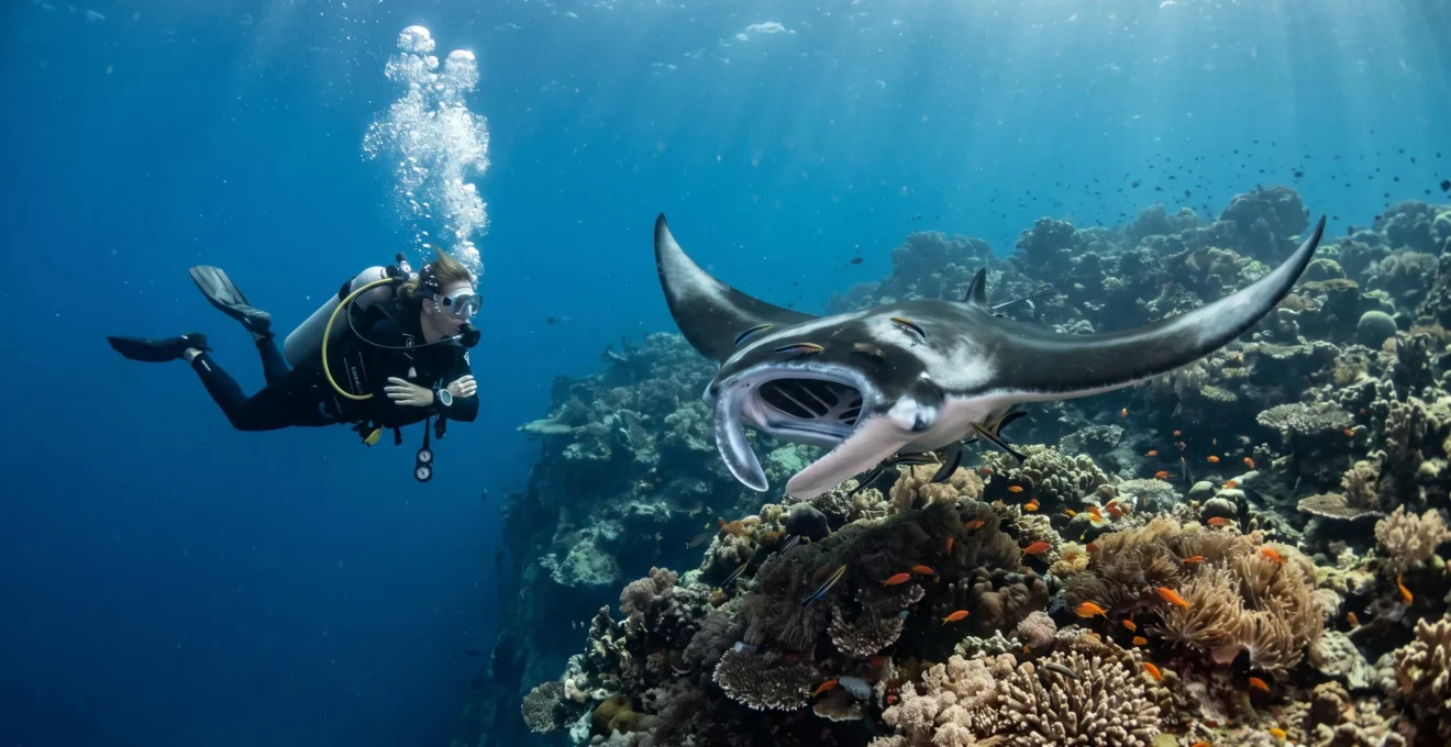 A scuba diver observes a reef manta ray swimming above a coral cleaning station on a remote Andaman Sea reef drop-off.