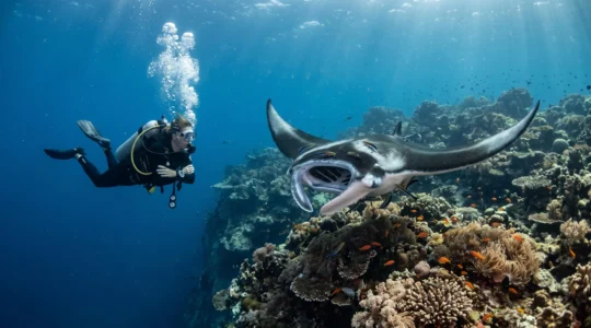 A scuba diver observes a reef manta ray swimming above a coral cleaning station on a remote Andaman Sea reef drop-off.