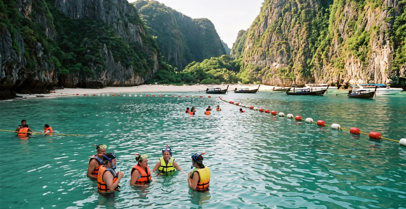 Tourists swimming in a buoyed zone near a Thai limestone cove, viewing the closed sandy beach of Maya Bay from the water under clear morning light.