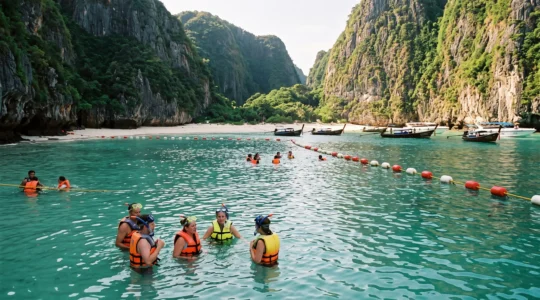 Tourists swimming in a buoyed zone near a Thai limestone cove, viewing the closed sandy beach of Maya Bay from the water under clear morning light.