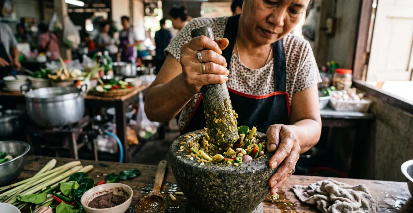 A cook pounds lemongrass, galangal, chilies and kaffir lime leaves into curry paste with a granite mortar and pestle in a Thai kitchen.