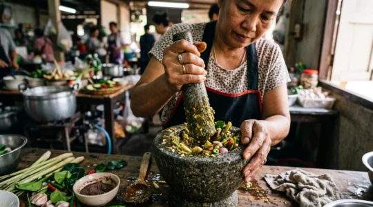 A cook pounds lemongrass, galangal, chilies and kaffir lime leaves into curry paste with a granite mortar and pestle in a Thai kitchen.
