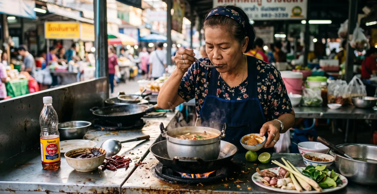 A Thai cook tastes a spoonful of simmering tom yum soup at a market wok station surrounded by lime, fish sauce, tamarind paste and chilies.