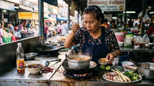 A Thai cook tastes a spoonful of simmering tom yum soup at a market wok station surrounded by lime, fish sauce, tamarind paste and chilies.