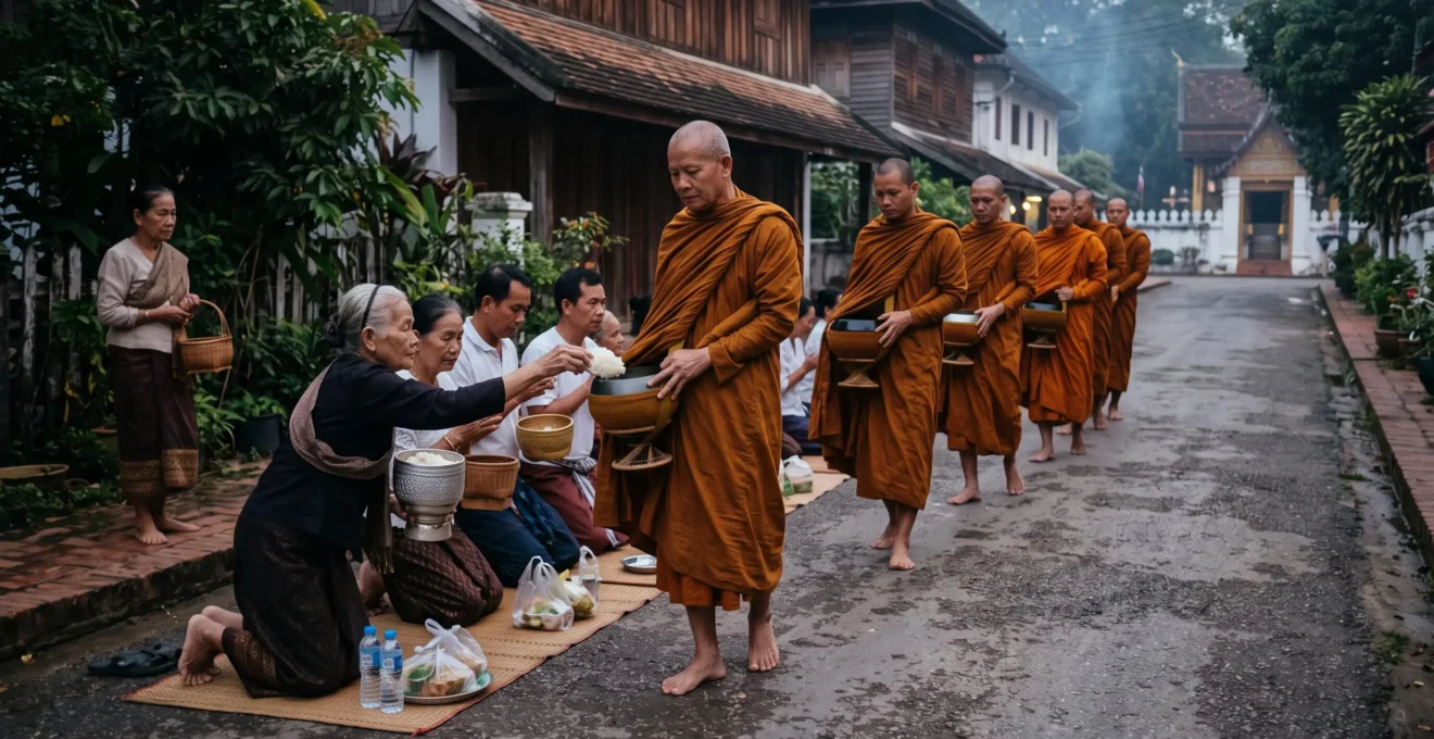 A line of Buddhist monks in ochre robes walking at dawn while kneeling villagers place sticky rice into their alms bowls during a Thai tak bat ceremony.