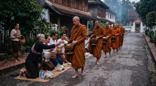 A line of Buddhist monks in ochre robes walking at dawn while kneeling villagers place sticky rice into their alms bowls during a Thai tak bat ceremony.