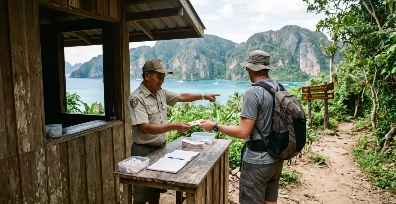 A national park ranger at a wooden checkpoint in a Thai coastal park hands an entry ticket to a foreign visitor before the trailhead.