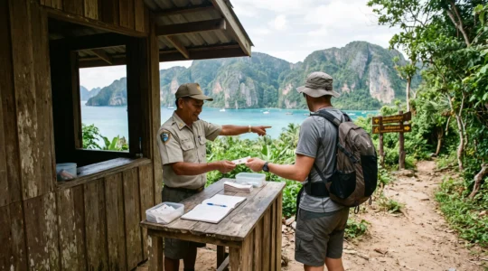 A national park ranger at a wooden checkpoint in a Thai coastal park hands an entry ticket to a foreign visitor before the trailhead.