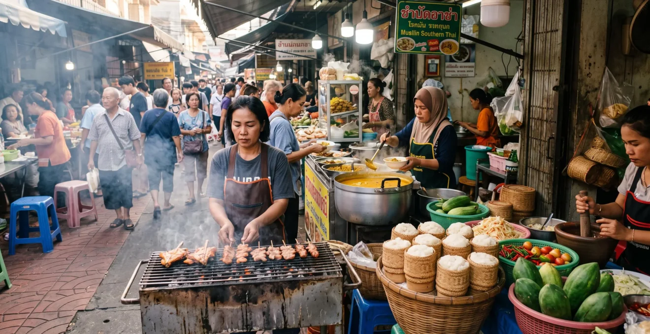 Vendors cook grilled meats, sticky rice and turmeric curries at a busy provincial Thai market, showing regional food traditions side by side.