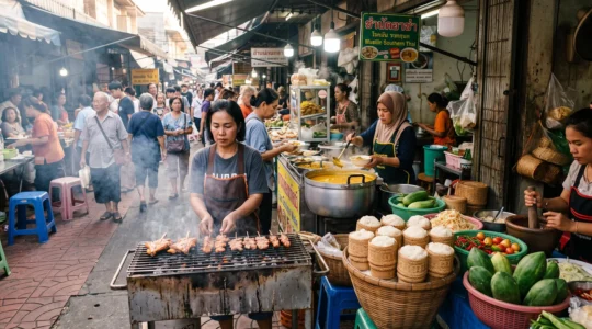 Vendors cook grilled meats, sticky rice and turmeric curries at a busy provincial Thai market, showing regional food traditions side by side.