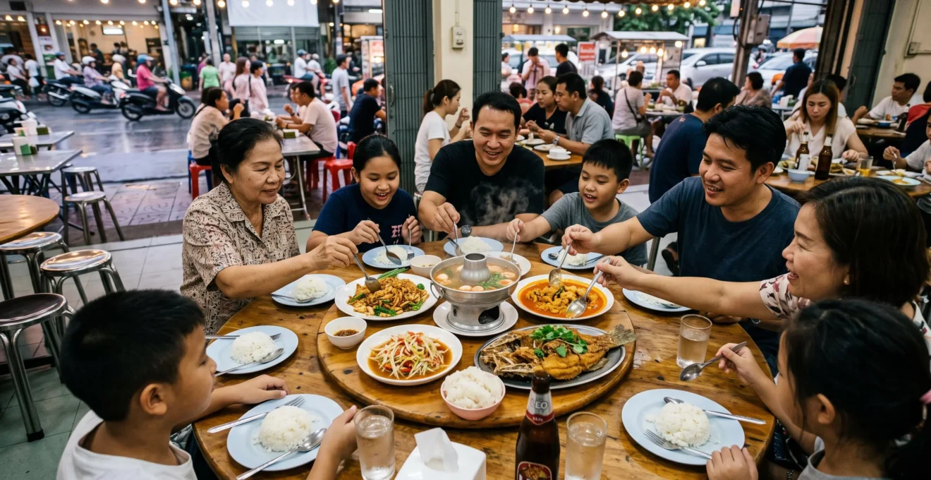 A large Thai group shares seven dishes served simultaneously on one round table, each diner eating from individual plates of rice with spoon and fork.