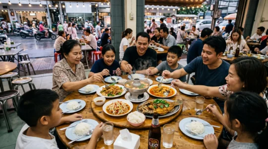 A large Thai group shares seven dishes served simultaneously on one round table, each diner eating from individual plates of rice with spoon and fork.