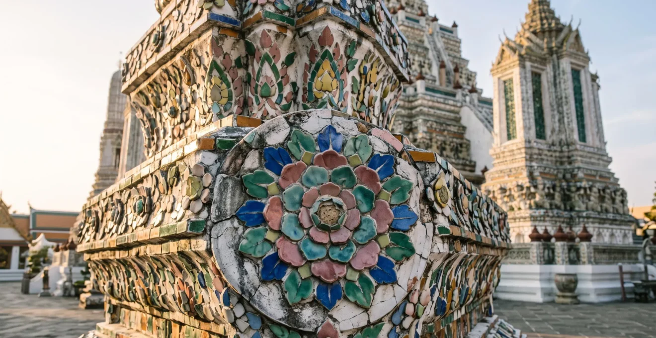 Close view of a Thai temple spire covered in intricately arranged broken porcelain shard mosaics photographed in early morning light.