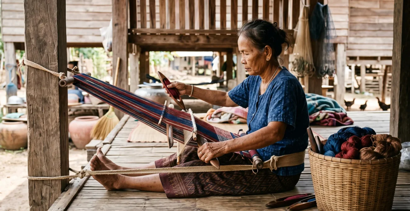 A Thai woman weaves silk on a body-tensioned backstrap loom under a wooden stilt house in a rural village.