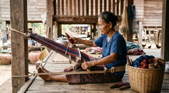 A Thai woman weaves silk on a body-tensioned backstrap loom under a wooden stilt house in a rural village.