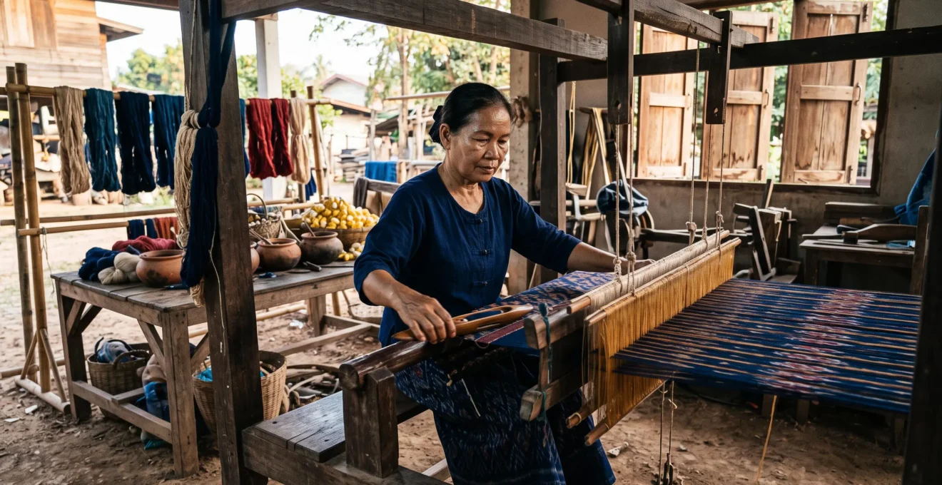 A Thai weaver working mudmee silk on a traditional wooden loom in a rural village workshop.