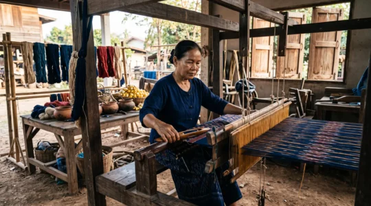 A Thai weaver working mudmee silk on a traditional wooden loom in a rural village workshop.