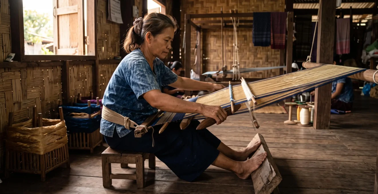 A Thai woman weaver leans forward on a backstrap loom in a village workshop, her body tensioning silk warp threads while her hands work the beater.