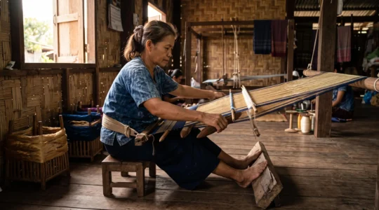 A Thai woman weaver leans forward on a backstrap loom in a village workshop, her body tensioning silk warp threads while her hands work the beater.