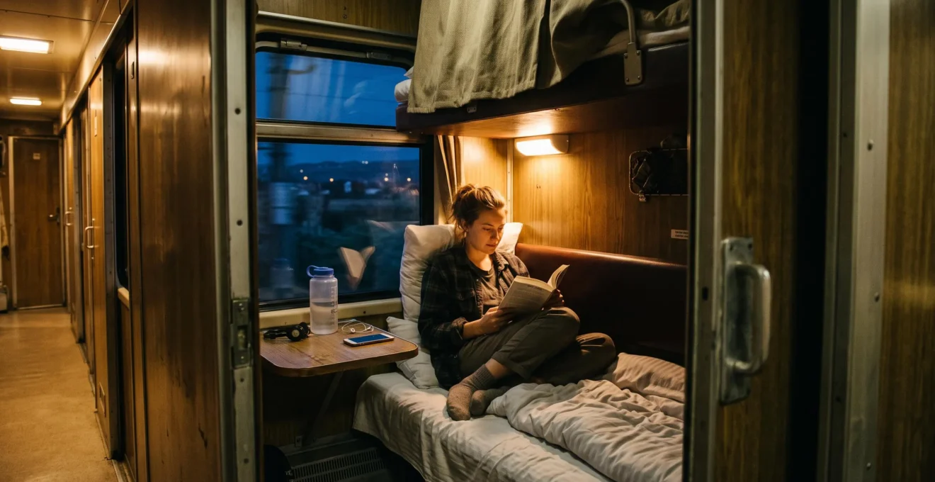 A traveler sitting on the lower berth of an overnight sleeper train at night, with an upper bunk, curtains and a dark landscape visible through the window.