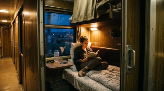 A traveler sitting on the lower berth of an overnight sleeper train at night, with an upper bunk, curtains and a dark landscape visible through the window.