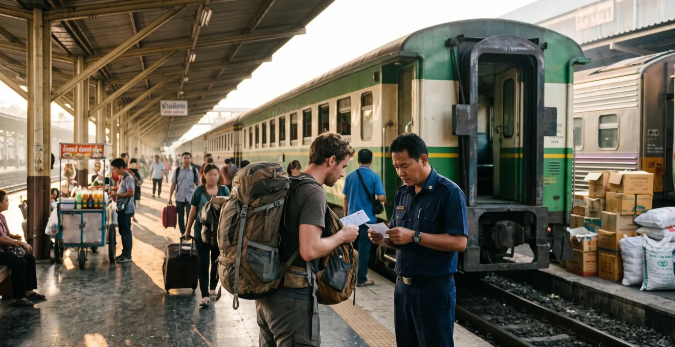 Travelers board a long-distance sleeper train at a busy Thai railway platform in early morning light.