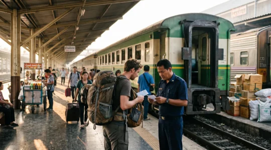 Travelers board a long-distance sleeper train at a busy Thai railway platform in early morning light.