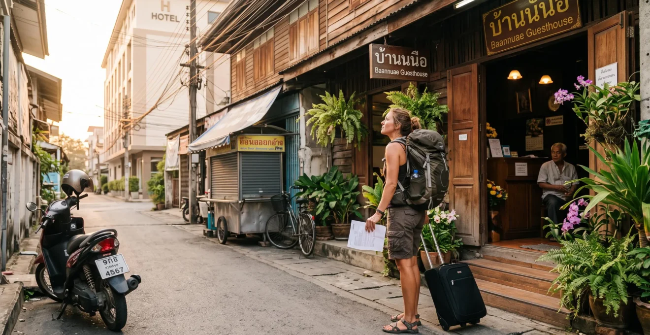 A traveler with a backpack stands outside a small family-run guesthouse on a Thai street, looking up at the entrance while holding a booking page.