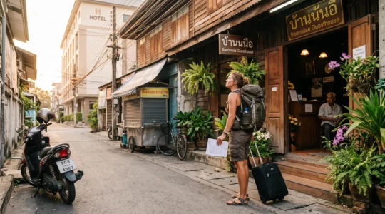A traveler with a backpack stands outside a small family-run guesthouse on a Thai street, looking up at the entrance while holding a booking page.